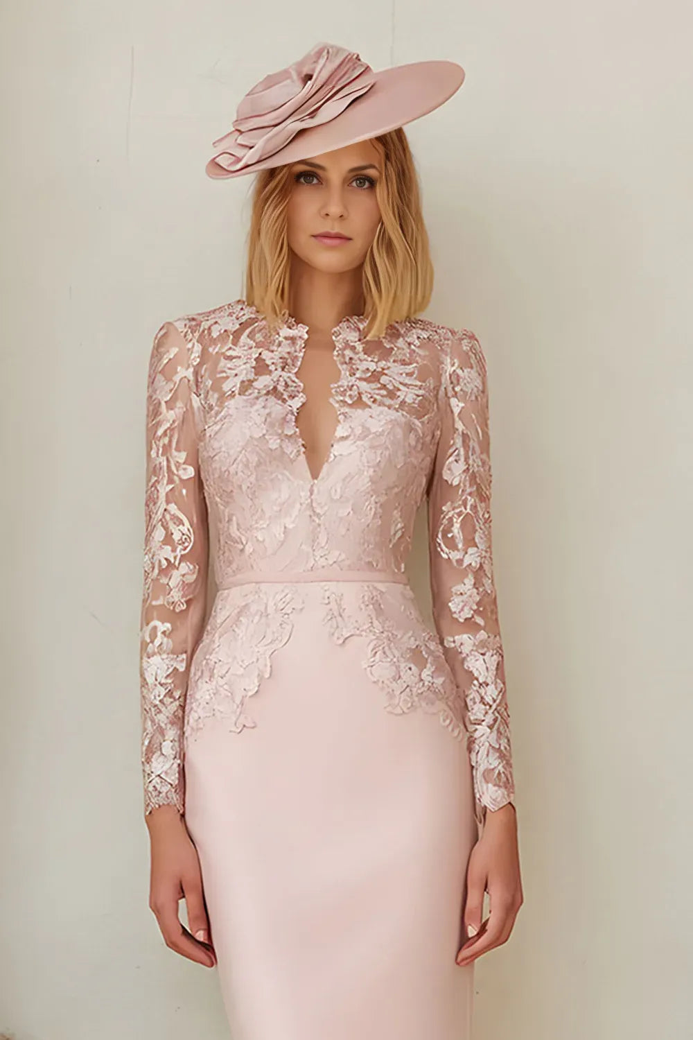 Vintage Bodycon Deep V Neck Long Sleeve Floral Lace Knee-Length Mother of the Bride Dress
