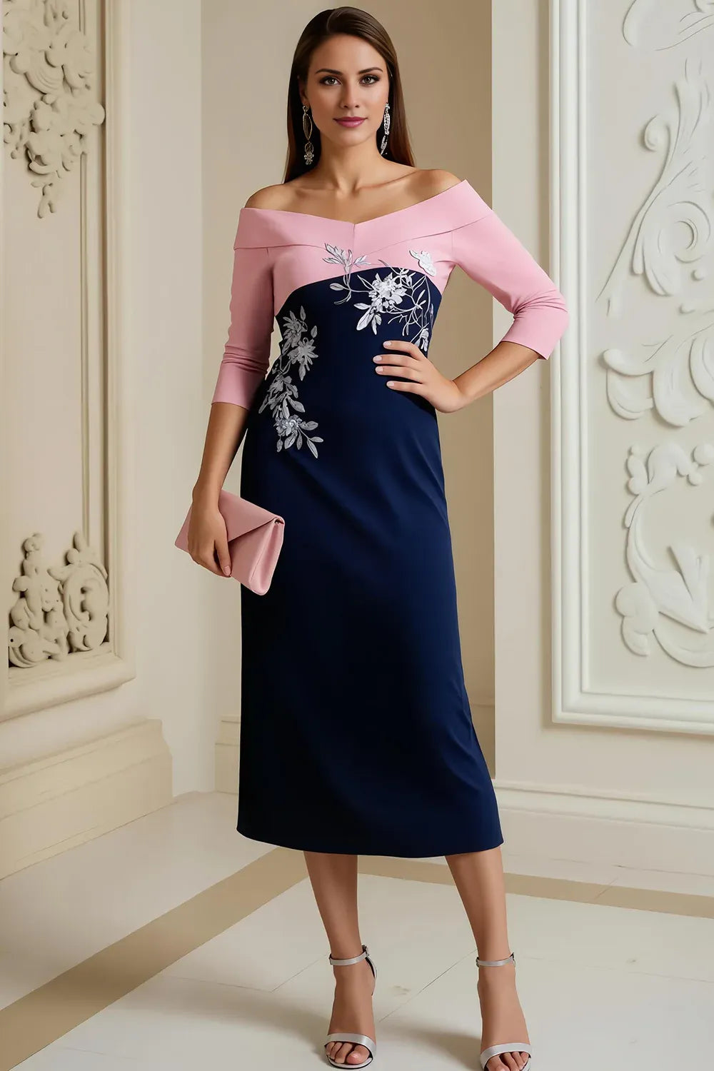 Vintage Bodycon Off the Shoulder Long Sleeve Zipper Up Tea-Length Mother of the Bride Dress