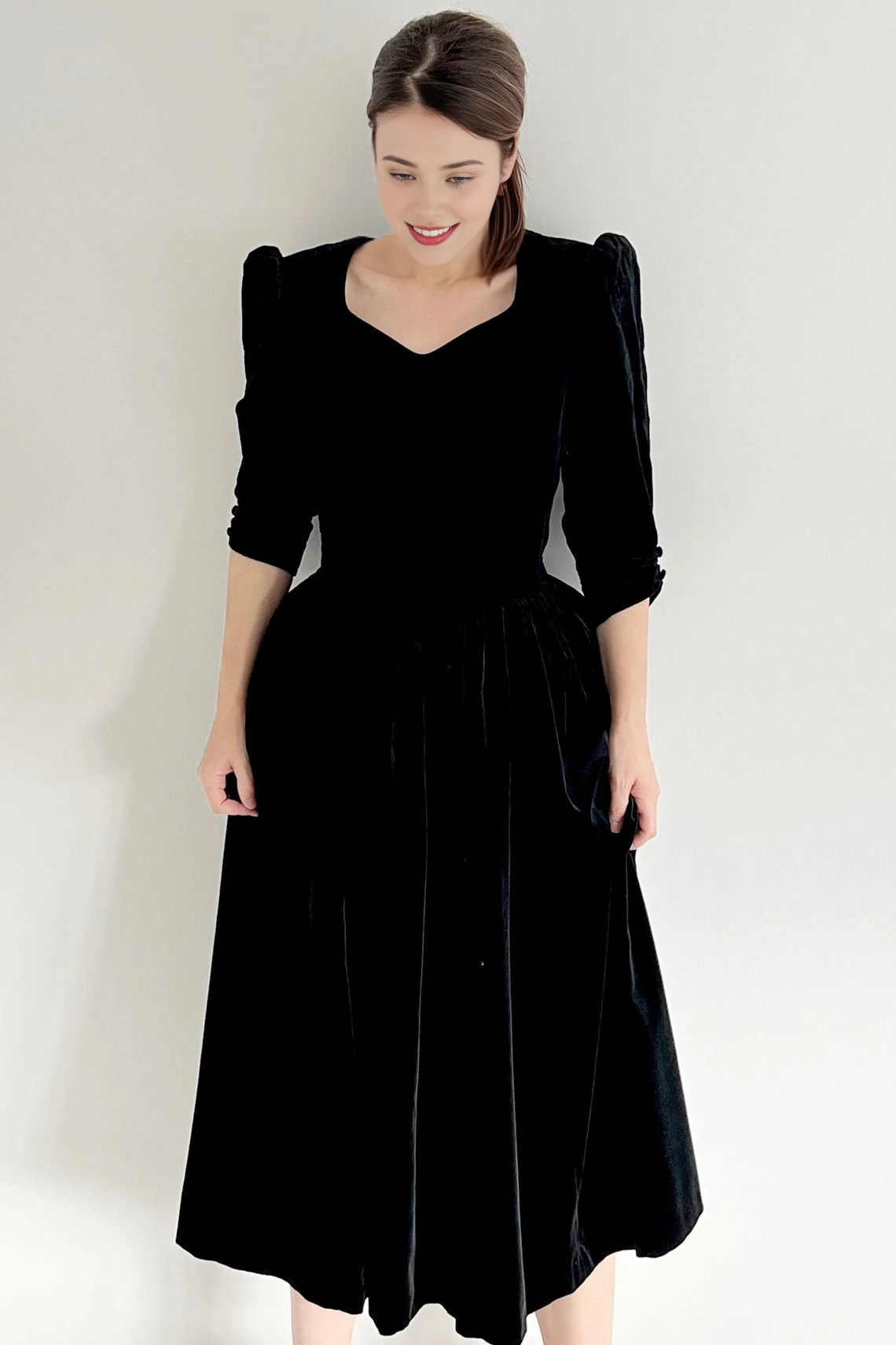 Vintage Bow Dress Black Velvet Dress With A-line Backless Christmas Party Dress Bridesmaid Dress