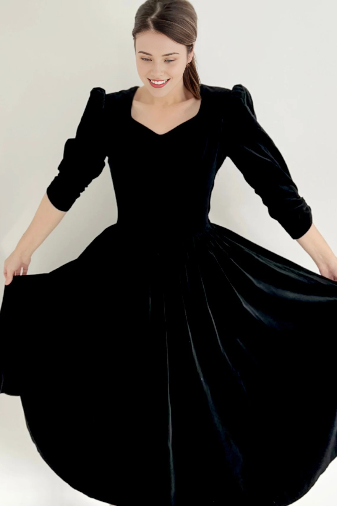 Vintage Bow Dress Black Velvet Dress With A-line Backless Christmas Party Dress Bridesmaid Dress