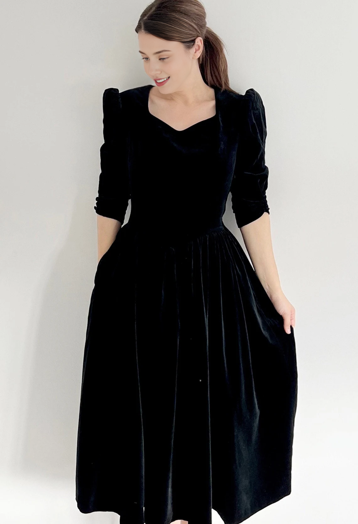 Vintage Bow Dress Black Velvet Dress With A-line Backless Christmas Party Dress Bridesmaid Dress