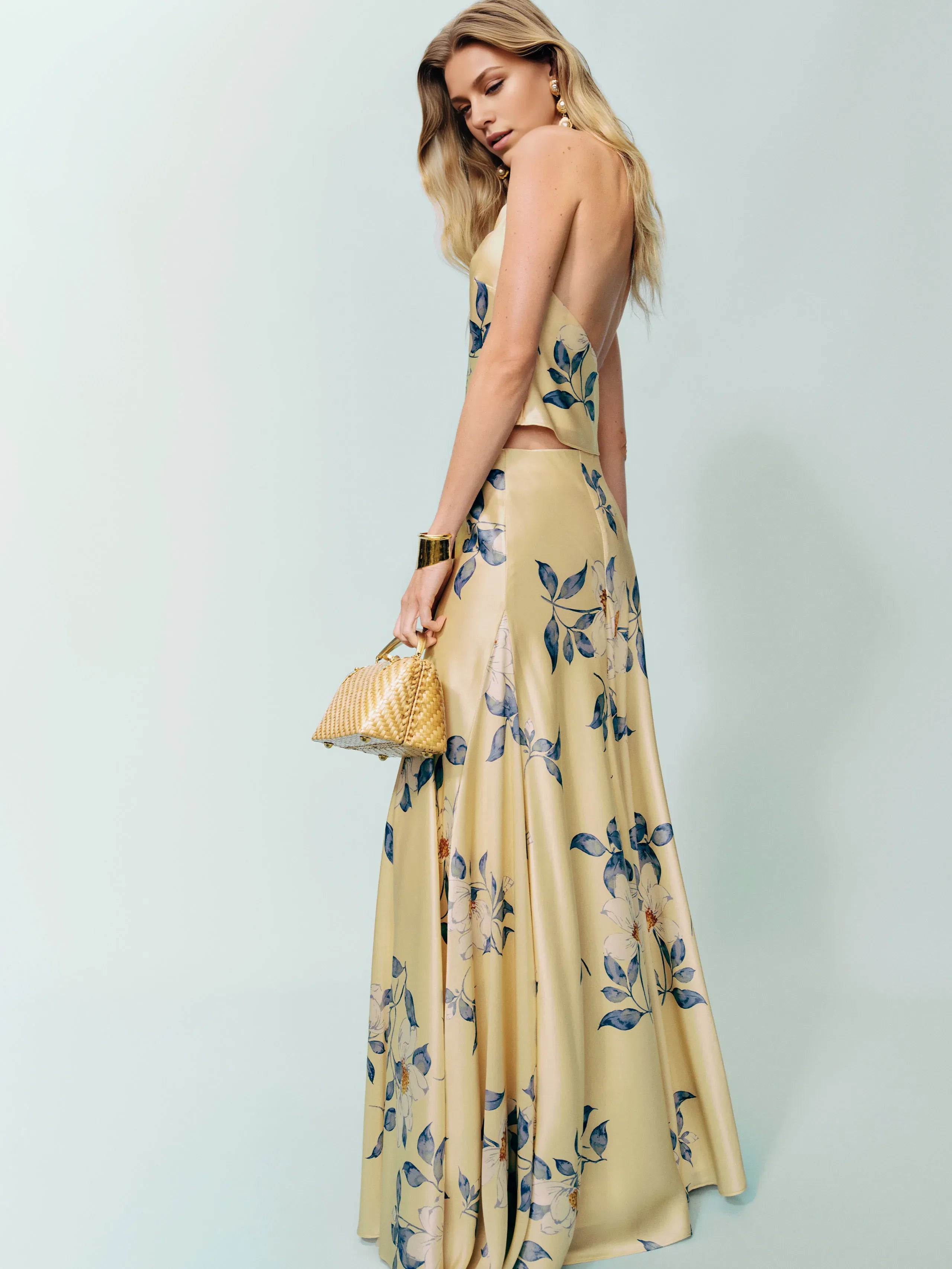 Weitese Dress Vintage Cowl Hight Neck Two Piece Sleeveless A-line Prom Dress Maxi Dress Backless Flower Printed Evening Dress