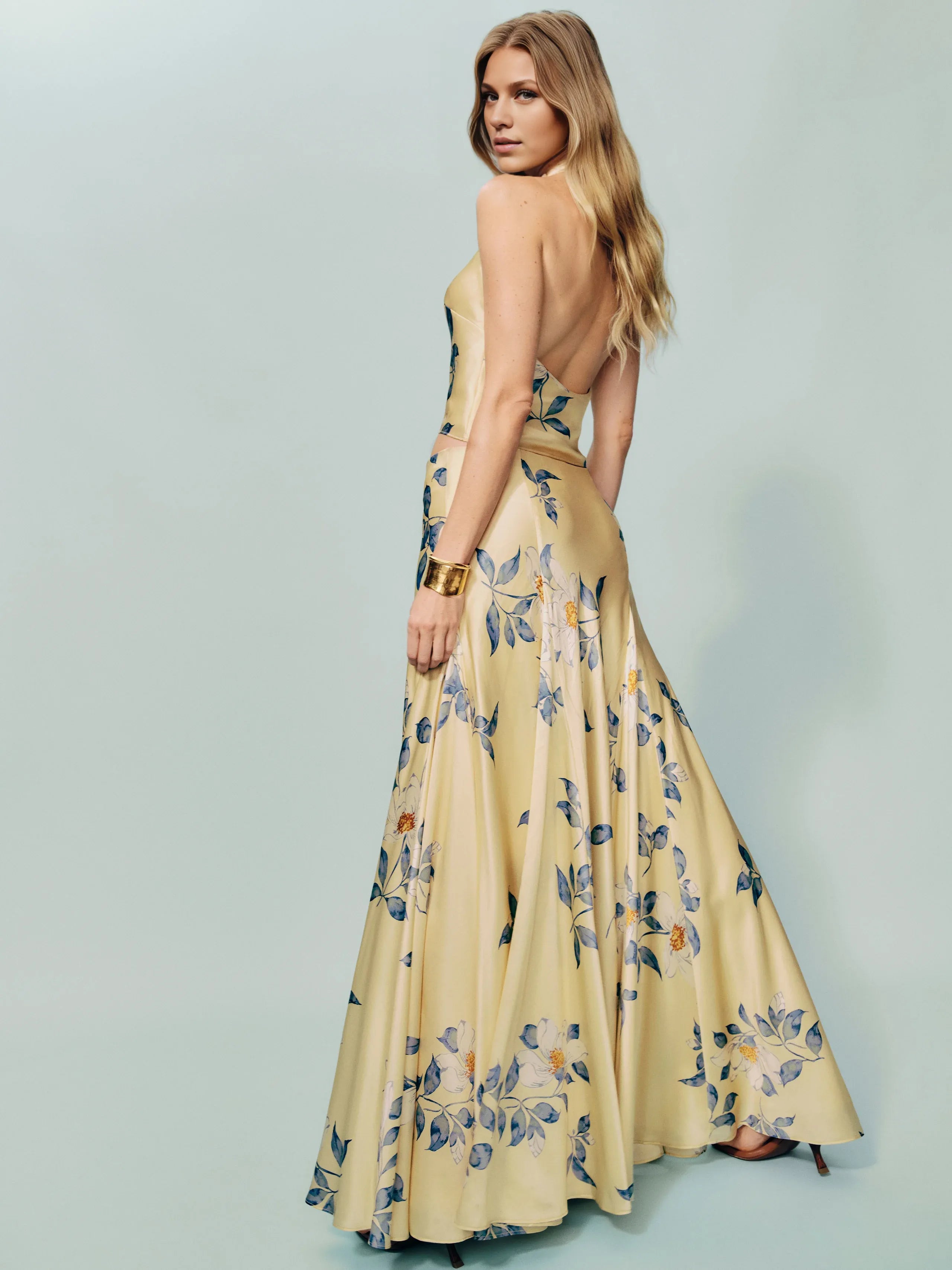 Weitese Dress Vintage Cowl Hight Neck Two Piece Sleeveless A-line Prom Dress Maxi Dress Backless Flower Printed Evening Dress