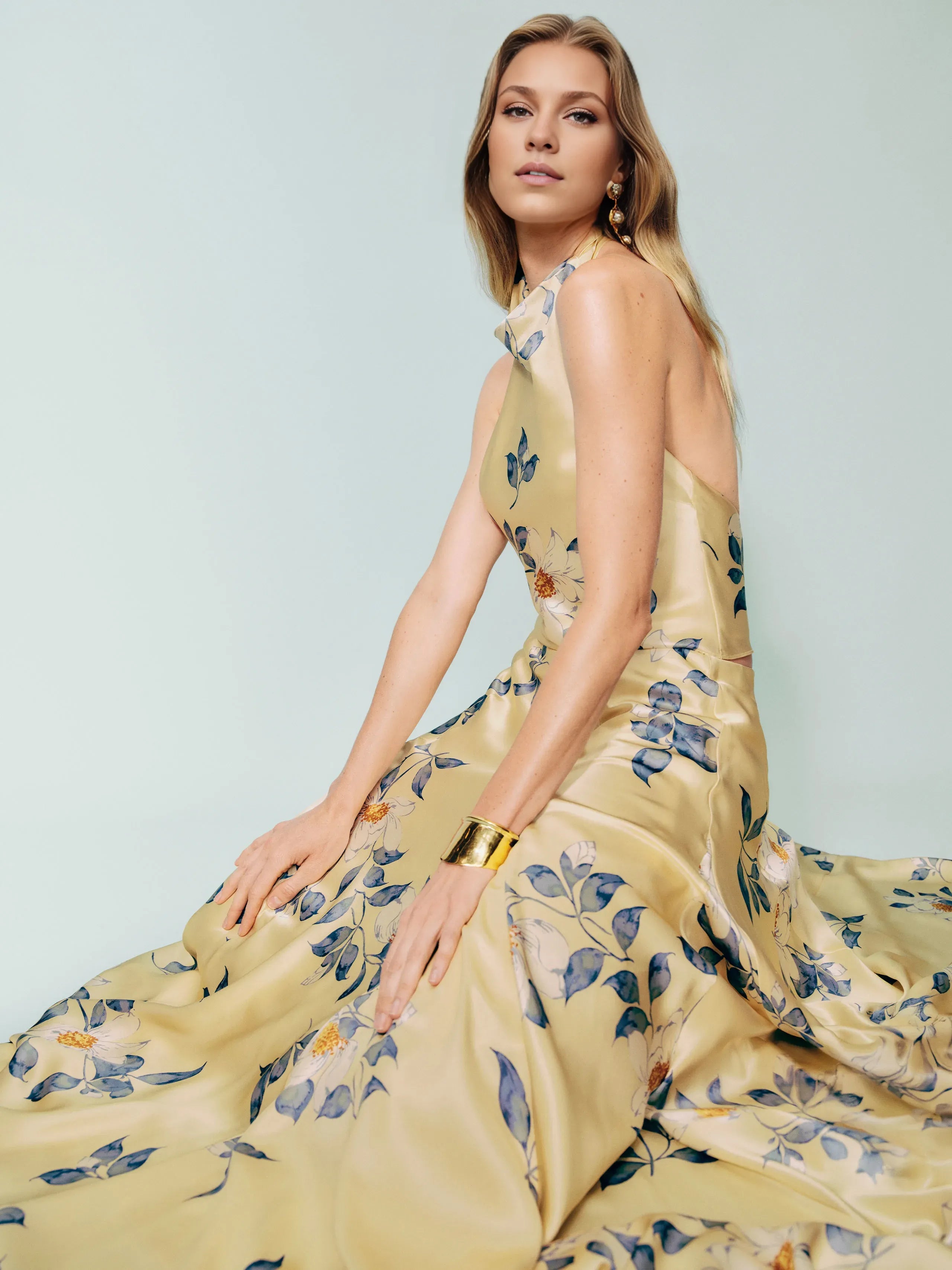 Weitese Dress Vintage Cowl Hight Neck Two Piece Sleeveless A-line Prom Dress Maxi Dress Backless Flower Printed Evening Dress