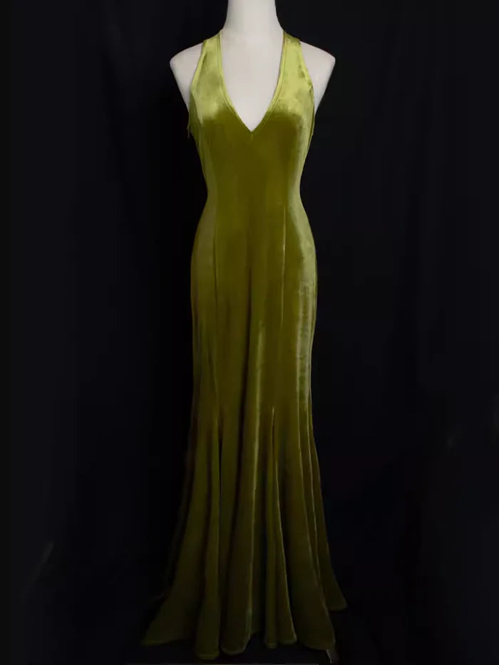 Vintage Green Mermaid/Trumpet Halter Neck Sleeveless Backless Floor-Length Party Dresses