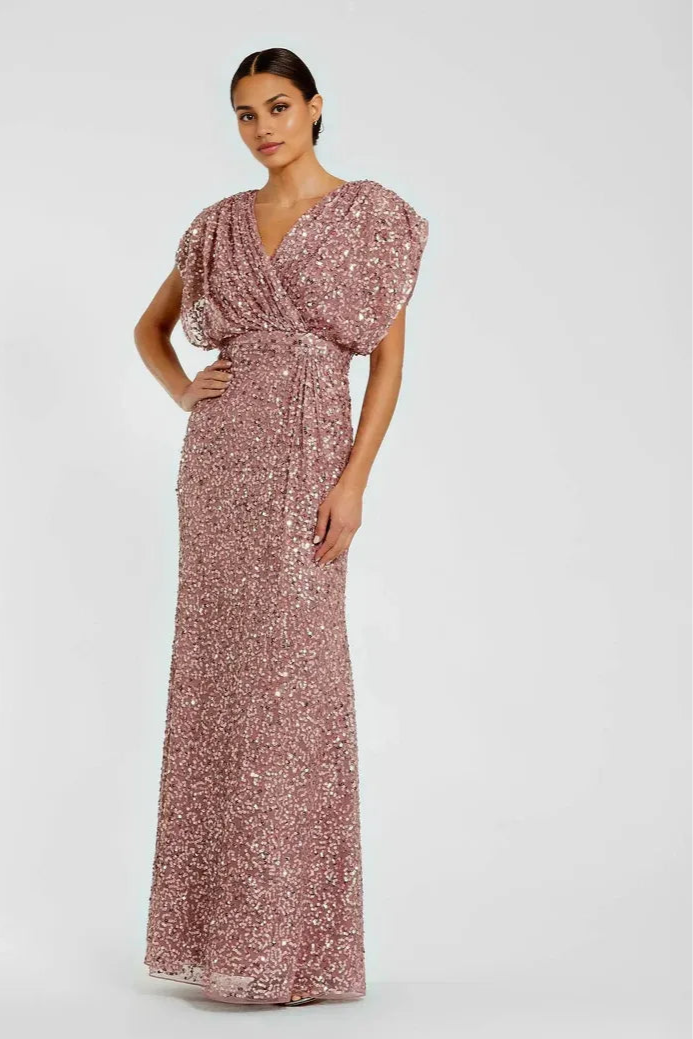 Luxury Column V Neck Draped Sleeve Zipper Up Floor-Length Prom Dress