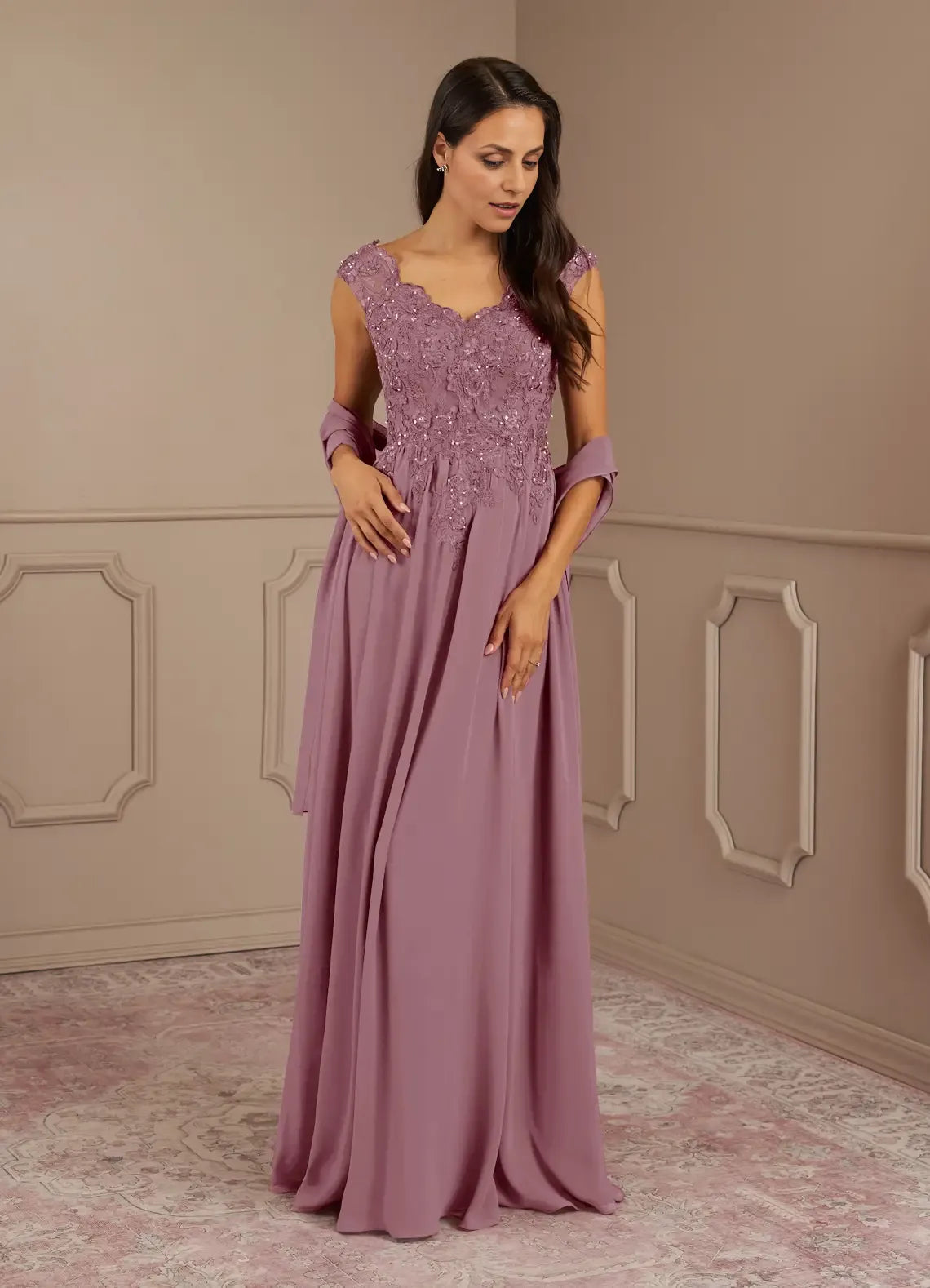 Weitese Dress Black A-Line V-Neck Lace Sequins Chiffon Maxi Dress Modern Cap Sleeves V Back Mother of the Bride Dress