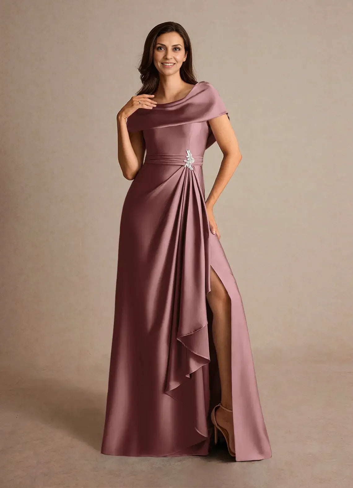 Weitese Dress Dusty Sage A-Line Pleated Satin Maxi Dress Fashion Cap Sleeves Cowl Back Mother of the Bride Dress