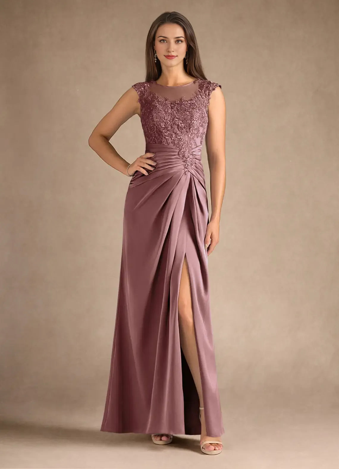 Weitese Dress Steel Blue Sheath Pleated Satin Mother of the Groom Dresses Elegant Scoop Neck Sleeveless Leg Slit Evening Dress