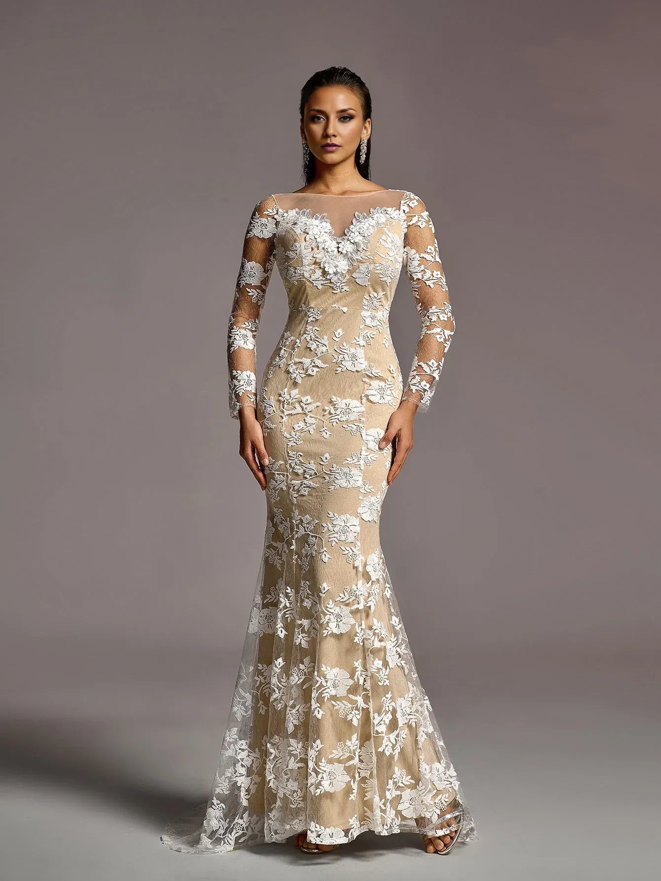 Vintage Mermaid Boat Neck Sheer Sleeves Backless Sweep/Brush Train Wedding Dress