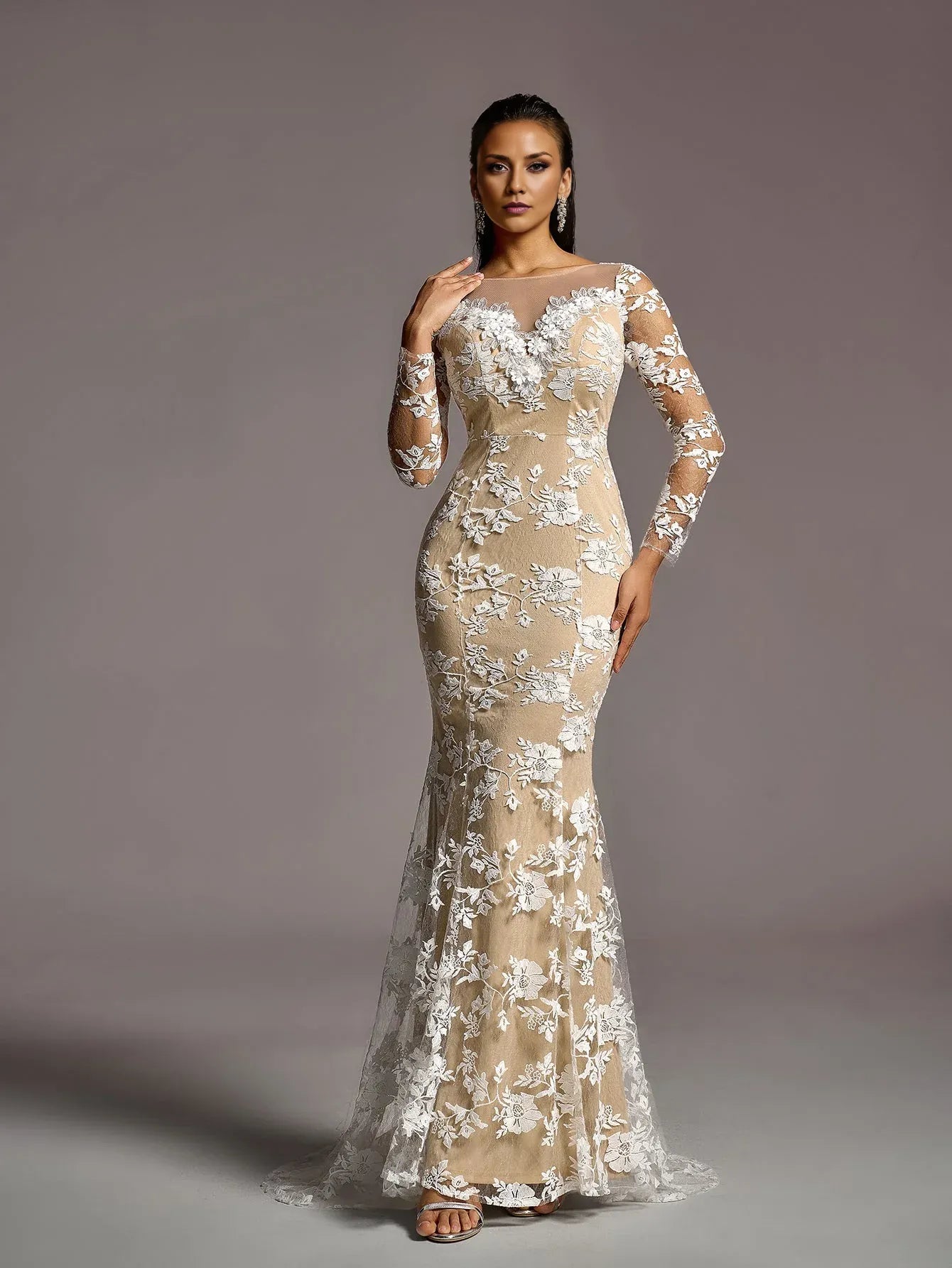 Vintage Mermaid Boat Neck Sheer Sleeves Backless Sweep/Brush Train Wedding Dress