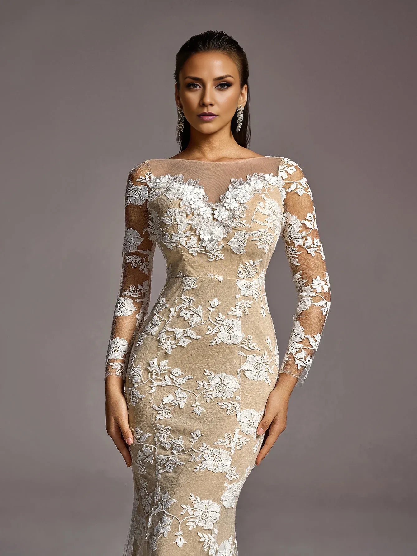 Vintage Mermaid Boat Neck Sheer Sleeves Backless Sweep/Brush Train Wedding Dress