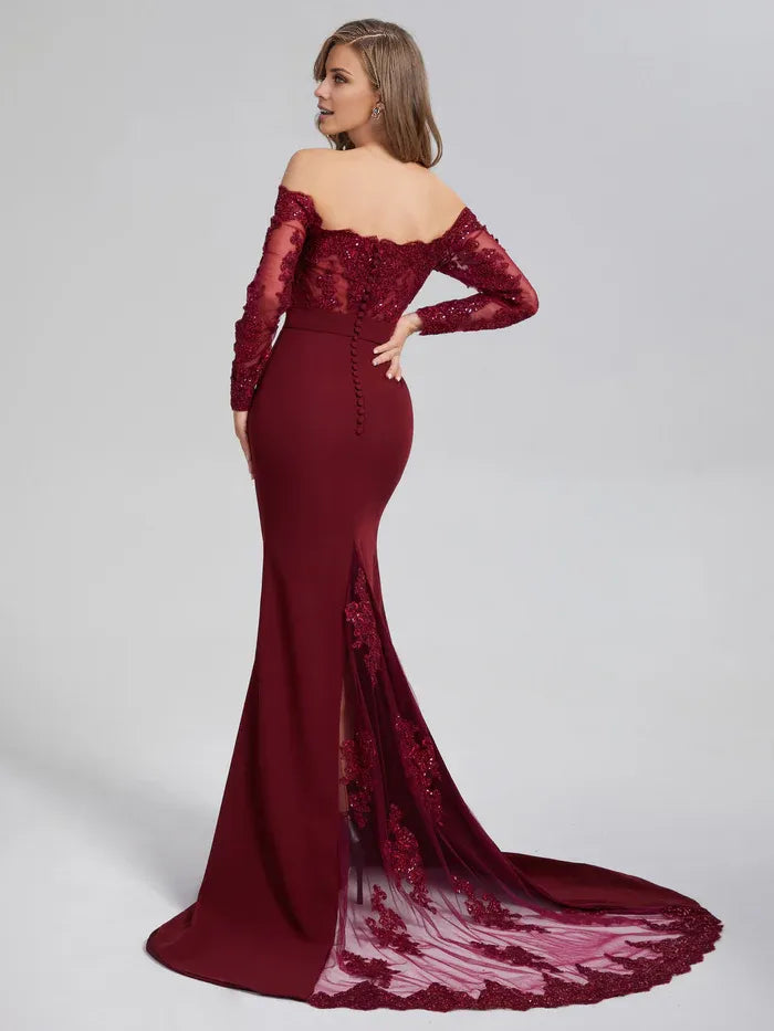 Vintage Mermaid Off the Shoulder Long Sleeve Button Chapel Train Prom Dress