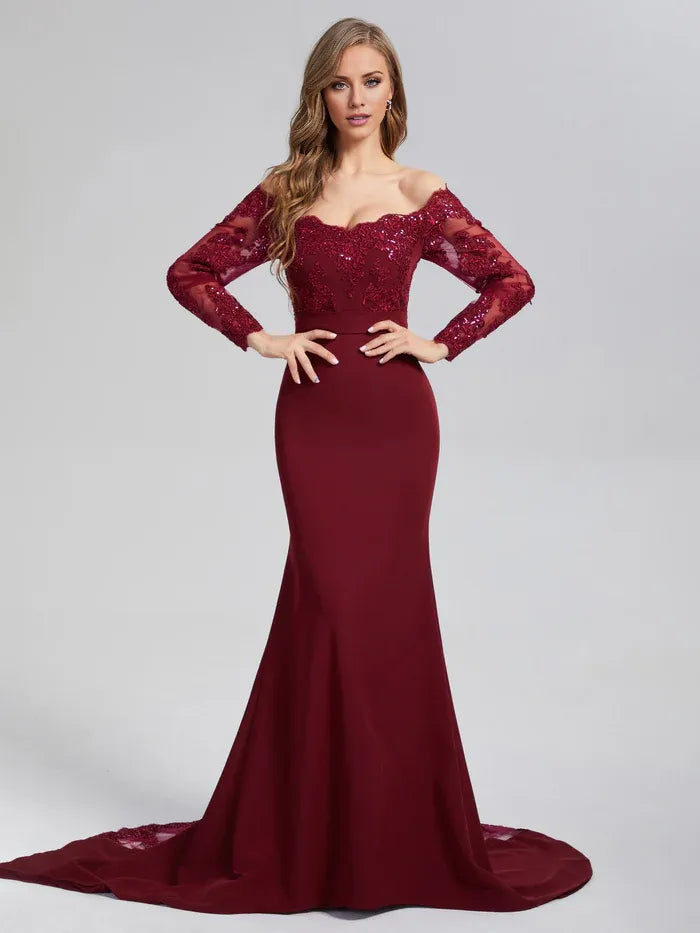 Vintage Mermaid Off the Shoulder Long Sleeve Button Chapel Train Prom Dress