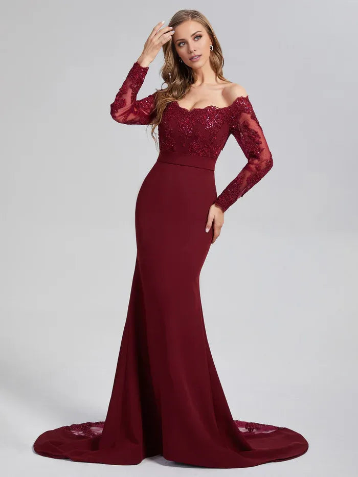 Vintage Mermaid Off the Shoulder Long Sleeve Button Chapel Train Prom Dress