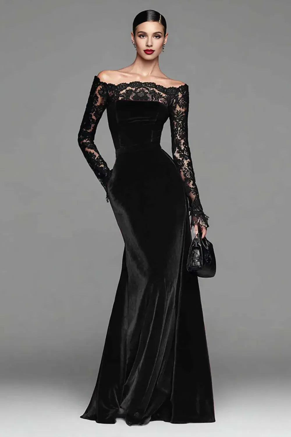 Vintage Mermaid/Trumpet Off the Shoulder Long Sleeve Velvet Floor-Length Evening Dress