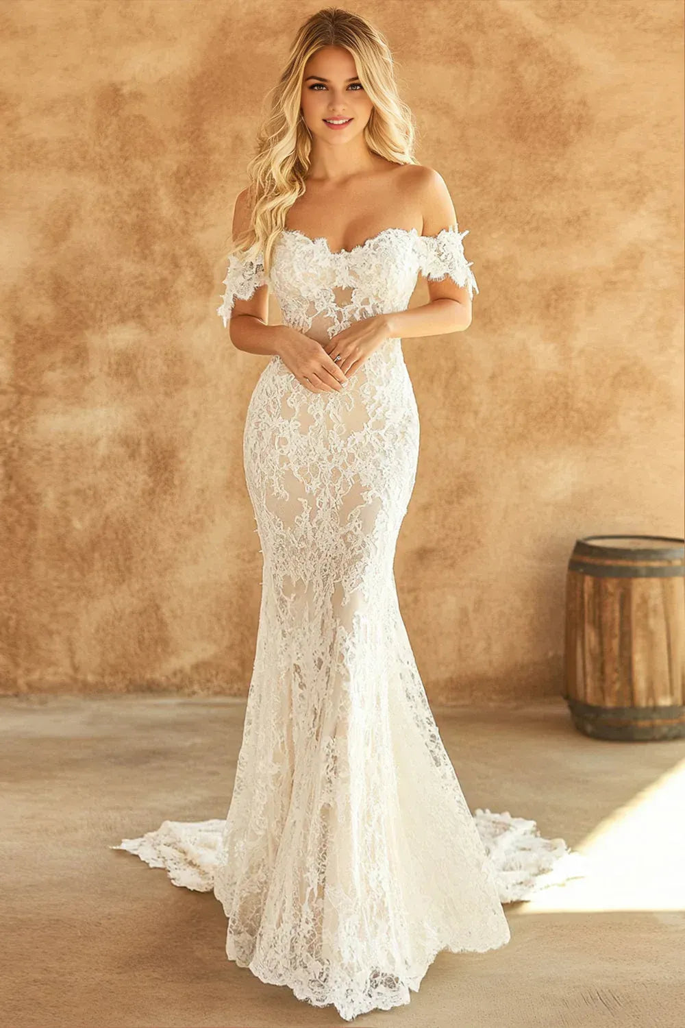 Vintage Mermaid/Trumpet Off the Shoulder Sleeveless Lace Sweep/Brush Train Wedding Dress