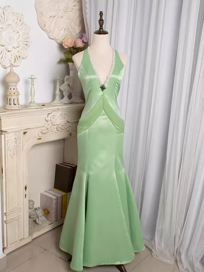 Vintage Mint Green Mermaid/Trumpet Halter Neck Sleeveless Backless Floor-Length Party Dresses