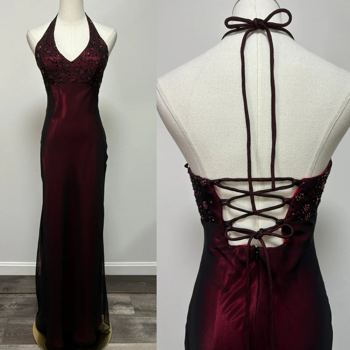 Vintage Off Shoulder Sleeveless Lace Up V Neck Halter Prom Dress