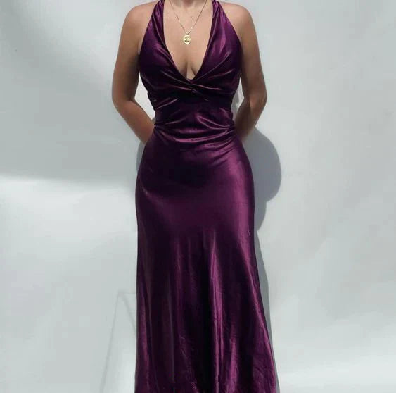 Weitese Formal Wear Dresses Elegant Dark Purple V Neck Halter Vintage Prom Dress Stores With Prom Dresses Formal Women's Dresses