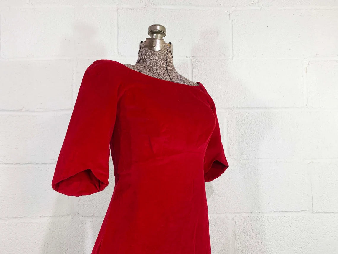 Vintage Red Velvet Gown Dress 3/4 Sleeves Party Evening Prom Wedding New Year's Hostess Bridesmaid Dress
