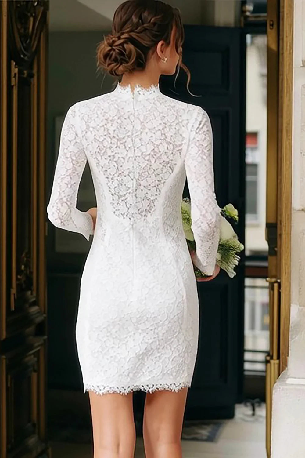 Vintage Sheath/Column High Neck Long Sleeve Lace Short-Mini Wedding Dress