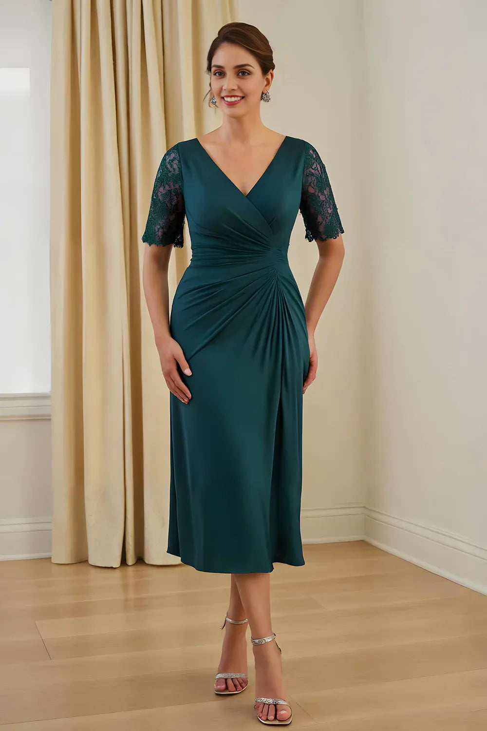 Vintage Sheath V-Neck Short Sleeve V Back Tea-Length Mother of the Bride Dress