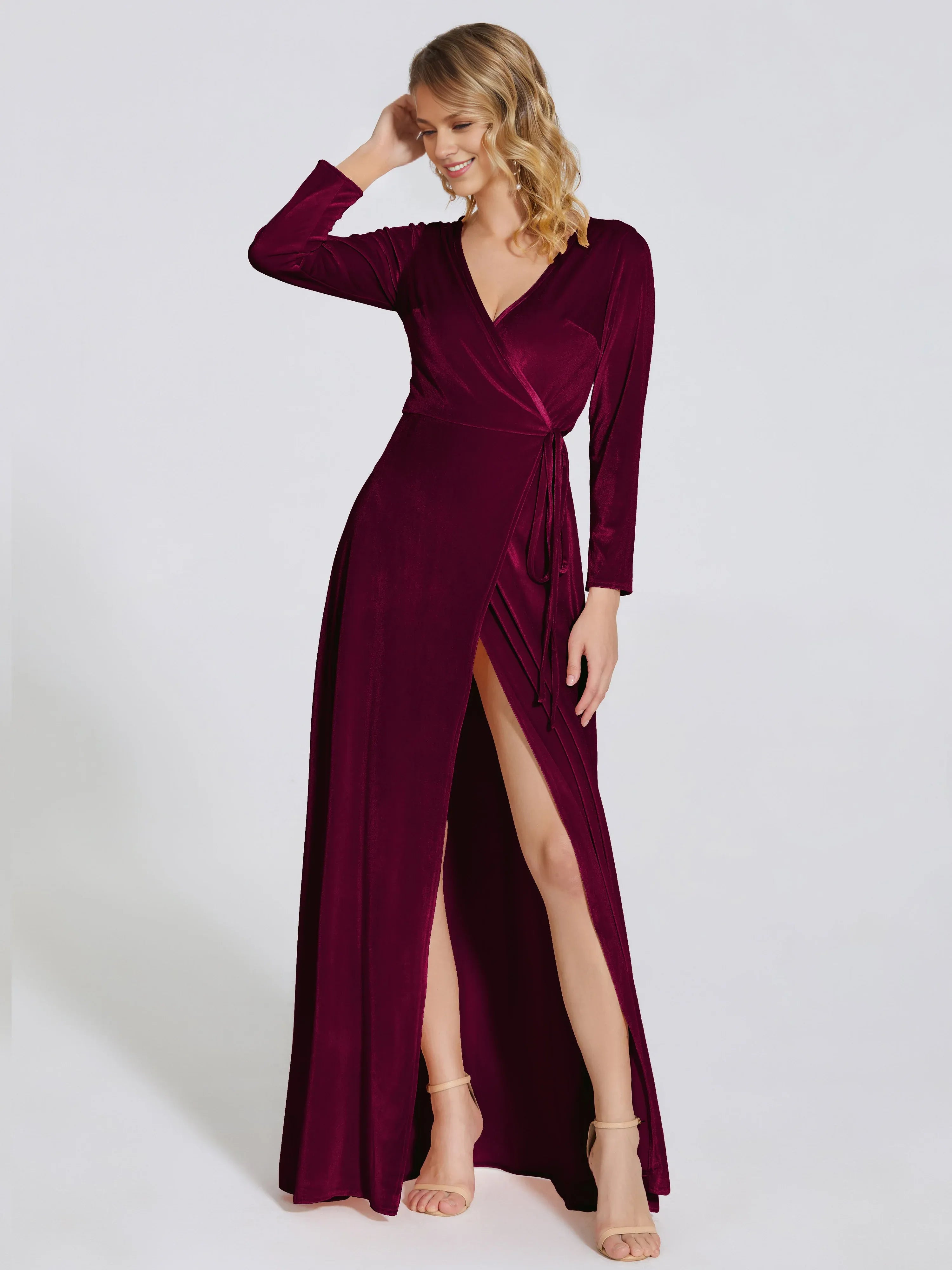 Vintage Sheath V Neck Long Sleeves Solid Color Floor-Length Prom Dress