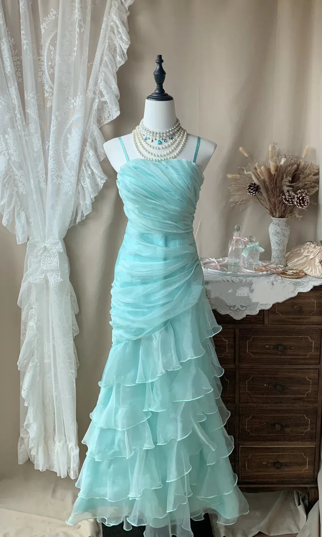Vintage Spaghetti Straps Sleeveless Mermaid Pleated Organza Floor-Length Party Dress