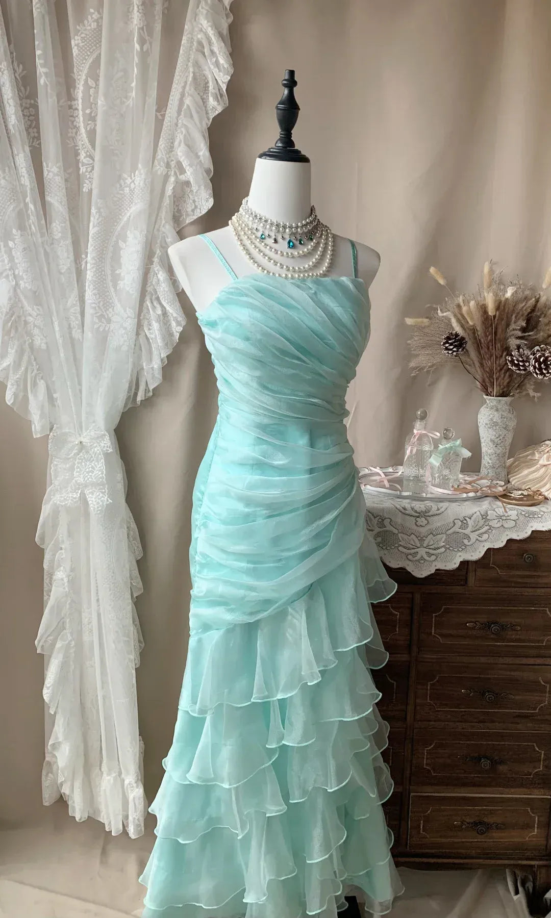 Vintage Spaghetti Straps Sleeveless Mermaid Pleated Organza Floor-Length Party Dress