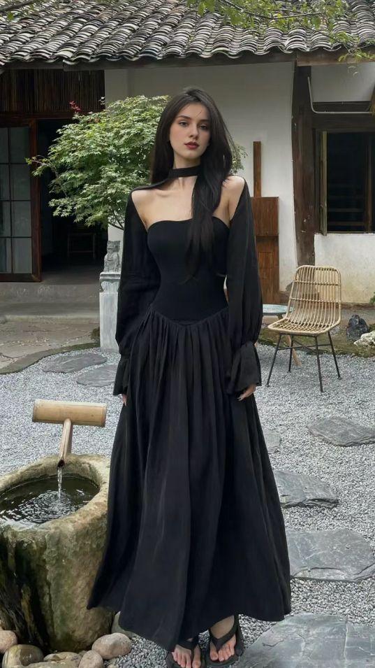 Vestido de fiesta vintage negro sin tirantes, corte A, manga larga, largo hasta los tobillos 