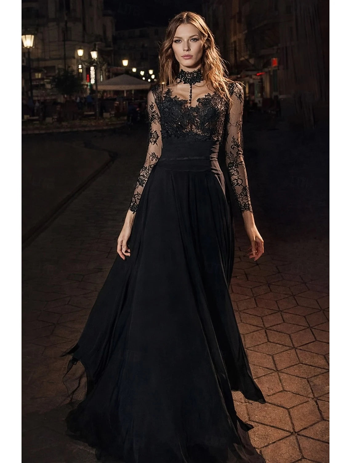 Vintage A-Line High Neck Long Sleeve Lace Chiffon Black Floor-Length Prom Dress