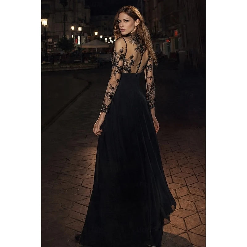Vintage A-Line High Neck Long Sleeve Lace Chiffon Black Floor-Length Prom Dress