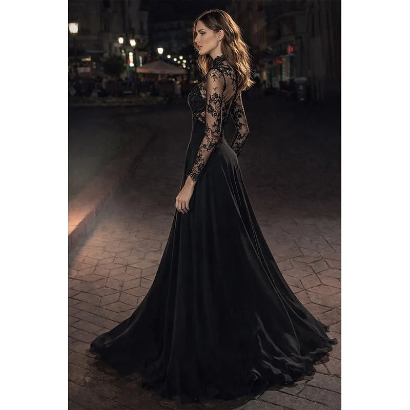 Vintage A-Line High Neck Long Sleeve Lace Chiffon Black Floor-Length Prom Dress