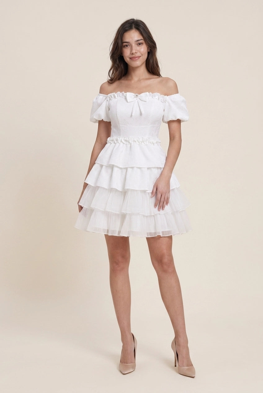 Vintage A-Line Off-Shoulder Puff Sleeve Tiered Ruffle Cream Mini Homecoming Dress
