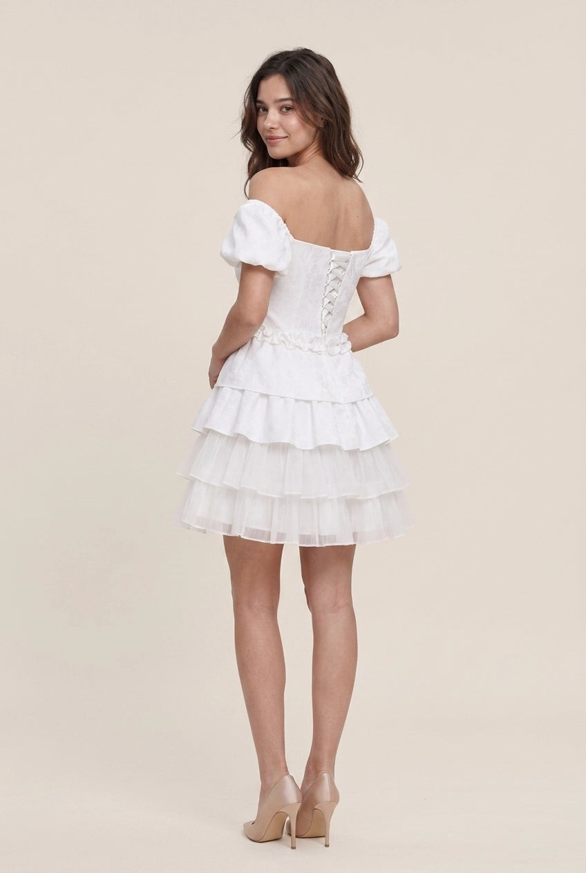 Vintage A-Line Off-Shoulder Puff Sleeve Tiered Ruffle Cream Mini Homecoming Dress