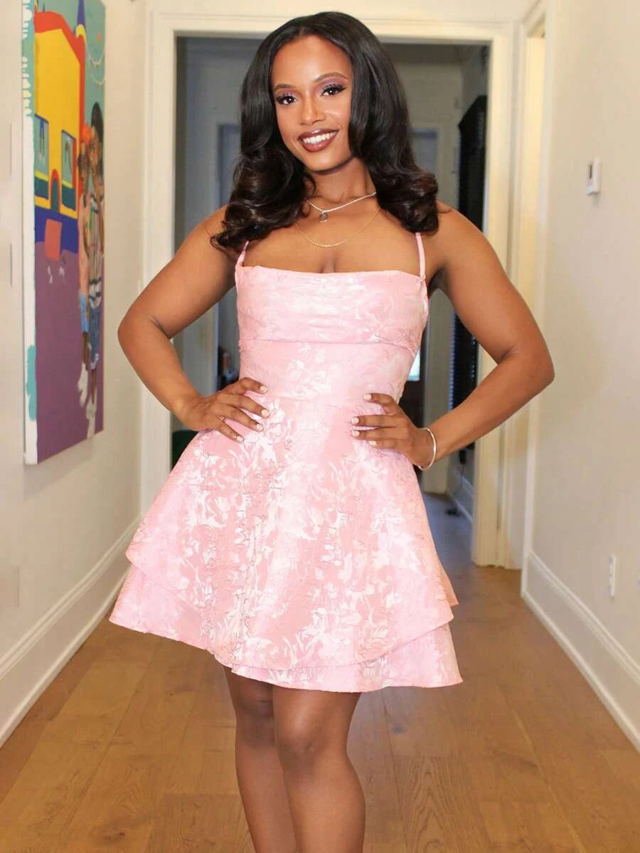Vintage A-Line Spaghetti Straps Tiered Floral Jacquard Pink Short Homecoming Dresses