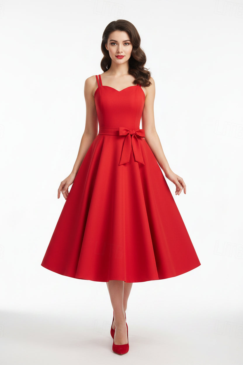 Vintage A-Line Sweetheart Strappy Bow-Knot Red Tea Length Homecoming Dress