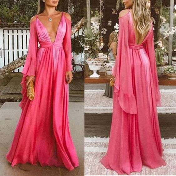 Vestidos de fiesta vintage de corte A, escote en V profundo, largo hasta el suelo, color rosa y mangas largas 
