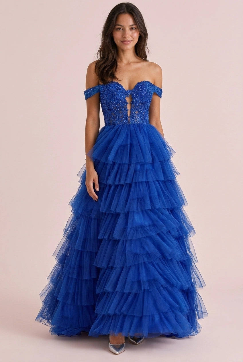 Vintage Ball Gown Off-Shoulder Sweetheart Beaded Applique Tiered Royal Blue Floor-Length Prom Dress