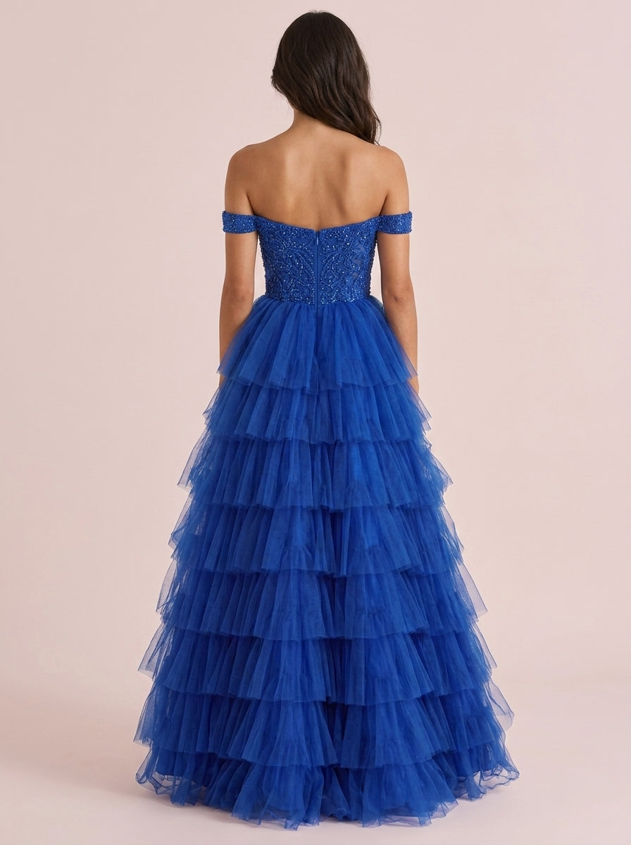 Vintage Ball Gown Off-Shoulder Sweetheart Beaded Applique Tiered Royal Blue Floor-Length Prom Dress