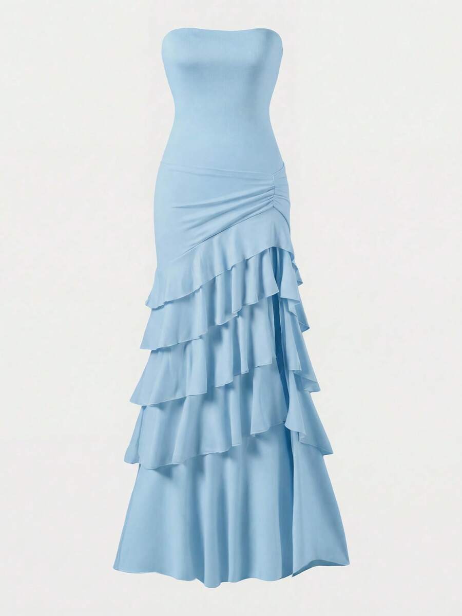 Vintage Bodycon Strapless Ruffled Tiered Ruched Light Blue Floor-Length Prom Dress