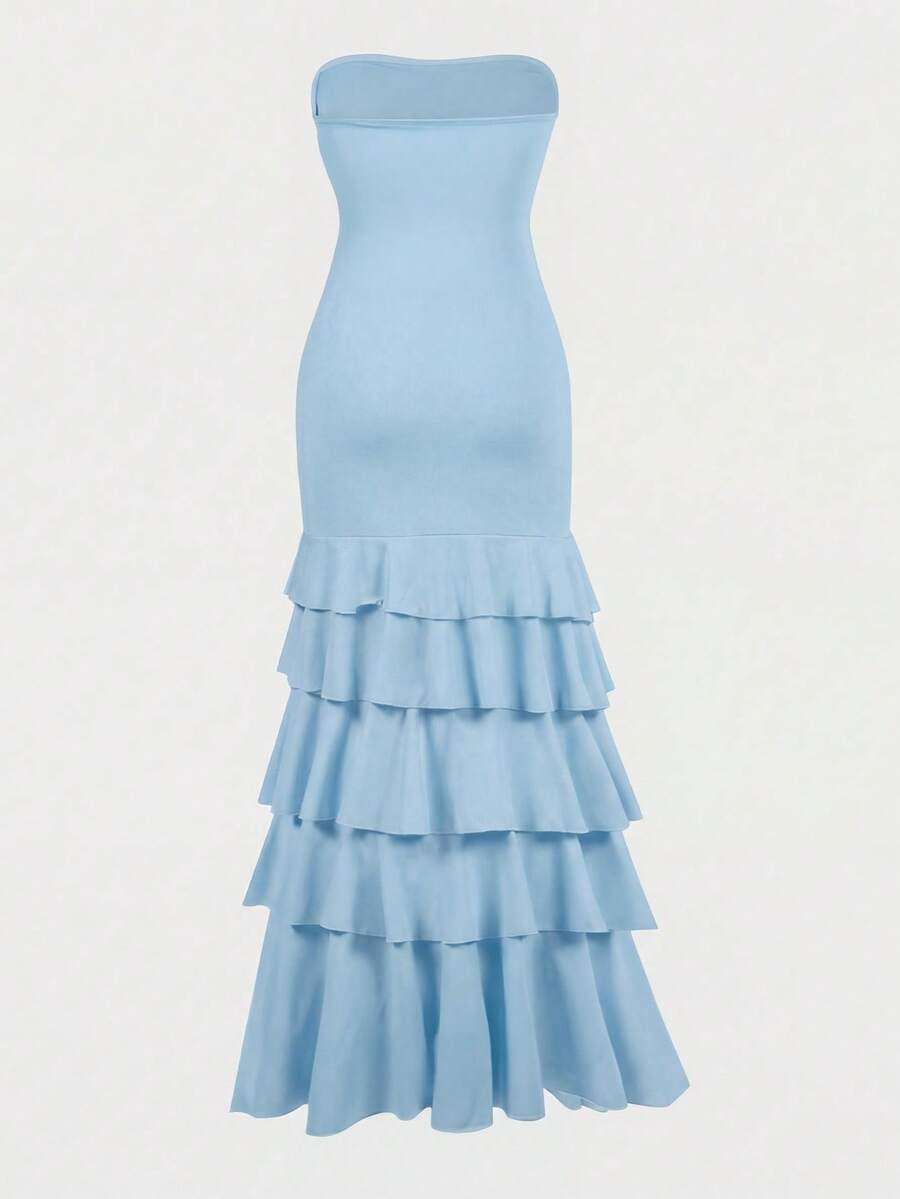 Vintage Bodycon Strapless Ruffled Tiered Ruched Light Blue Floor-Length Prom Dress