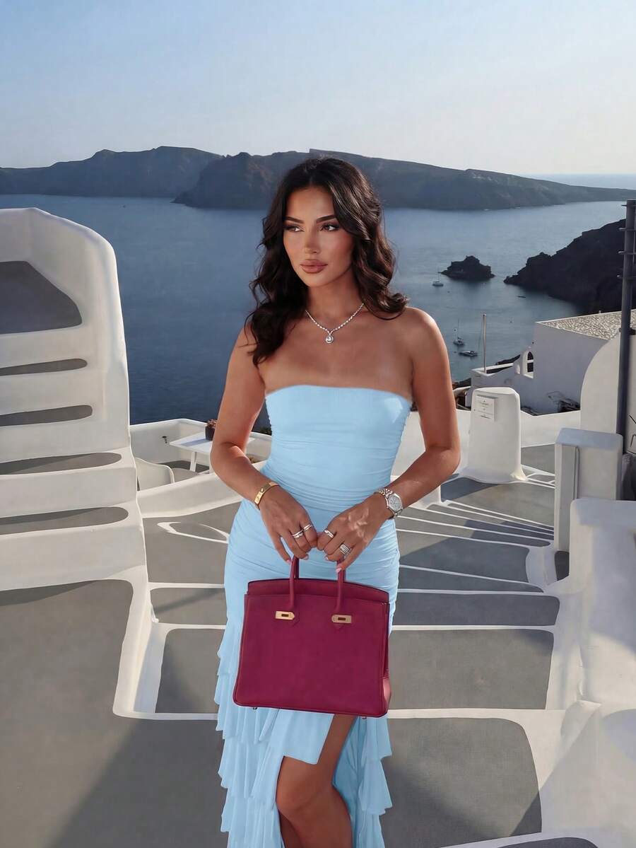 Vintage Bodycon Strapless Ruffled Tiered Ruched Light Blue Floor-Length Prom Dress