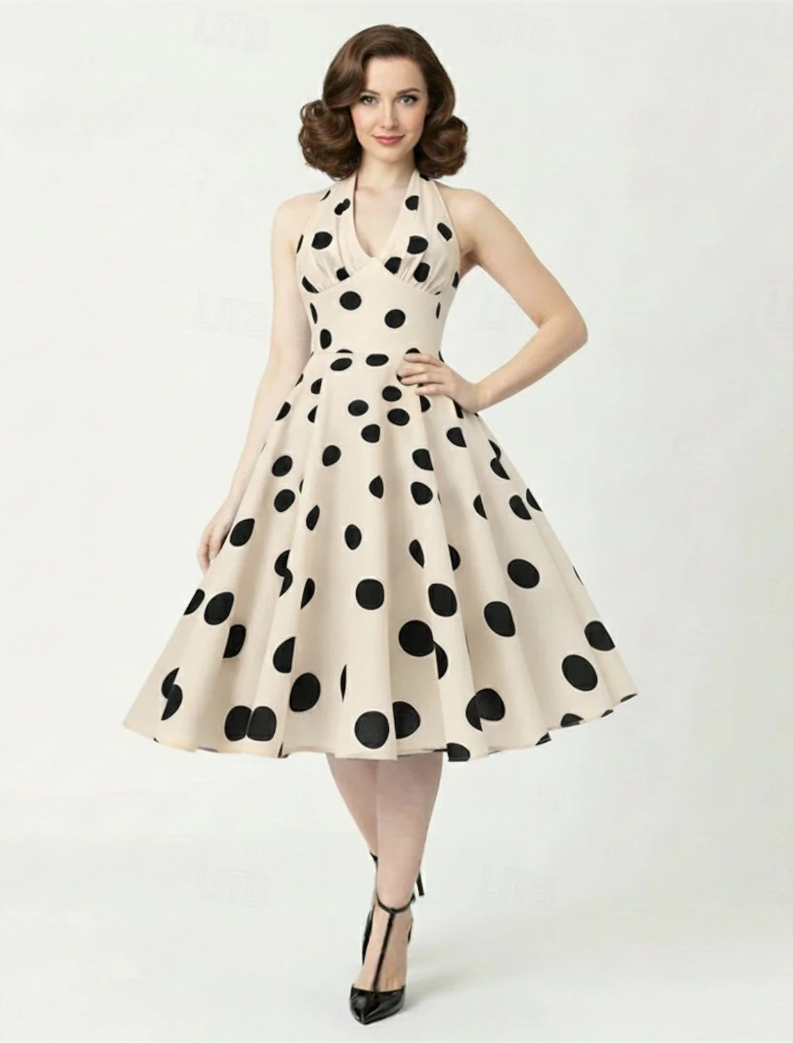 Vintage Chic A-Line Halter Open Back Flared Polka Dot Cream Tea-Length Homecoming Dress