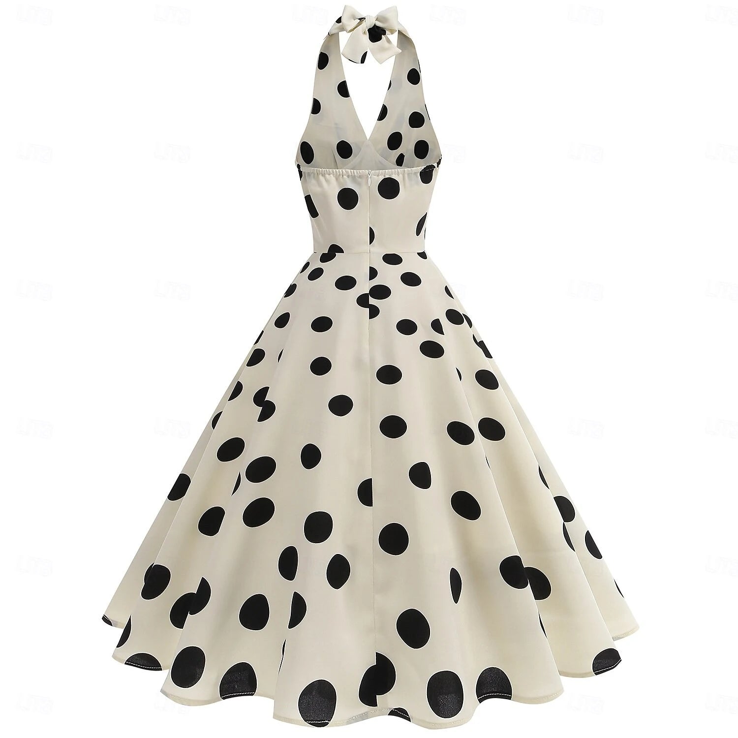 Vintage Chic A-Line Halter Open Back Flared Polka Dot Cream Tea-Length Homecoming Dress