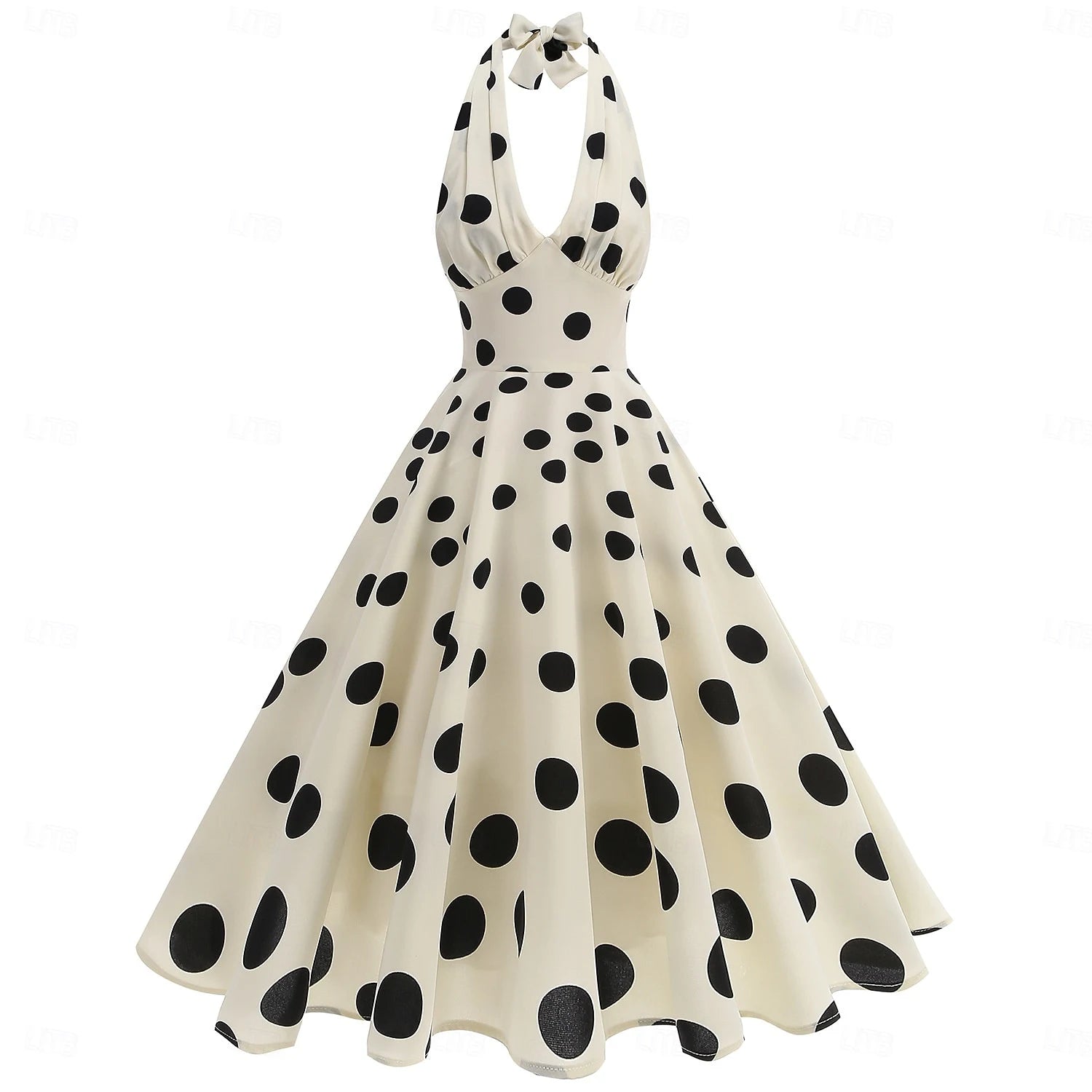 Vintage Chic A-Line Halter Open Back Flared Polka Dot Cream Tea-Length Homecoming Dress