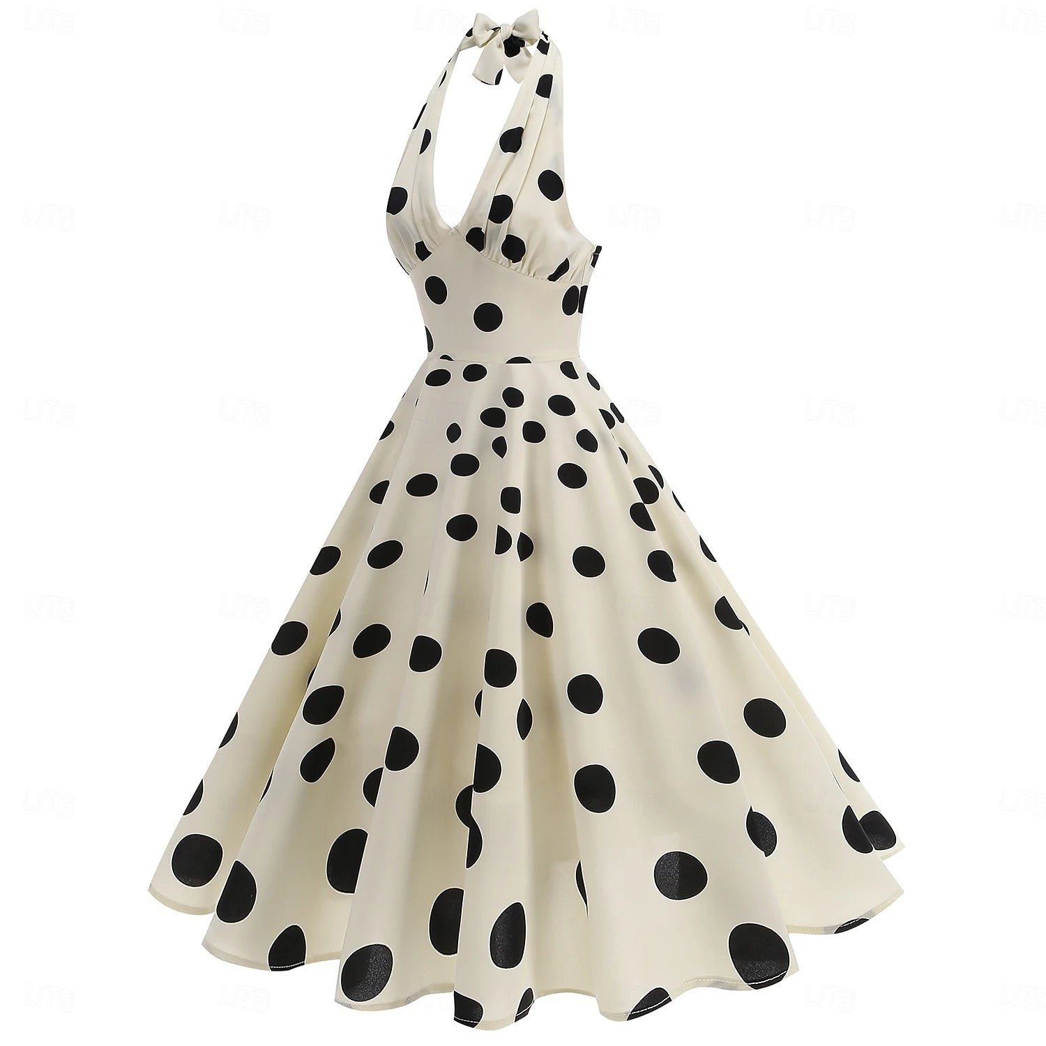 Vintage Chic A-Line Halter Open Back Flared Polka Dot Cream Tea-Length Homecoming Dress