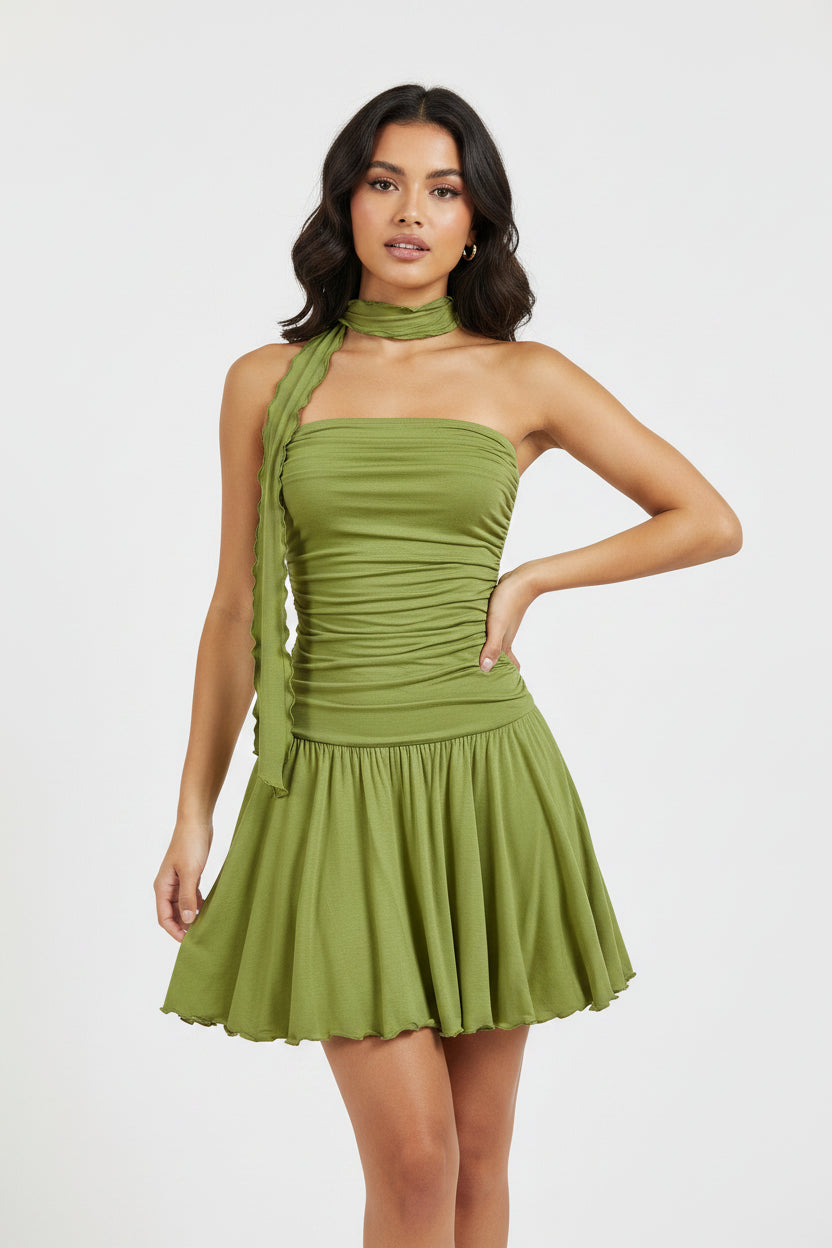 Vintage Chic A-Line Strapless Ruched Green Mini Homecoming Dress With Scarf