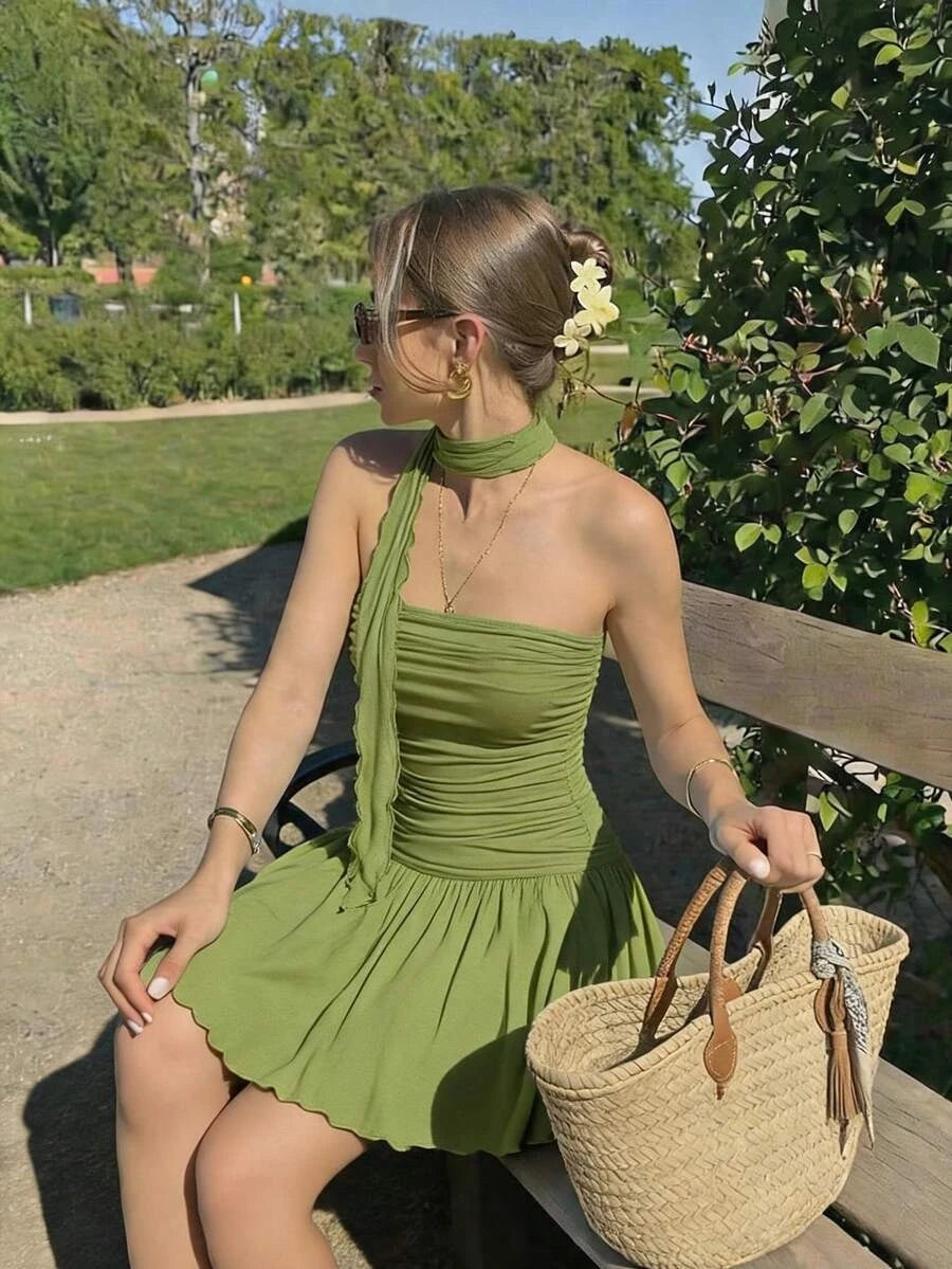 Vintage Chic A-Line Strapless Ruched Green Mini Homecoming Dress With Scarf